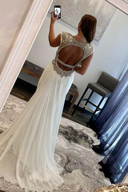 Backless Prom Dress in White with Deep V-Neck and Beading