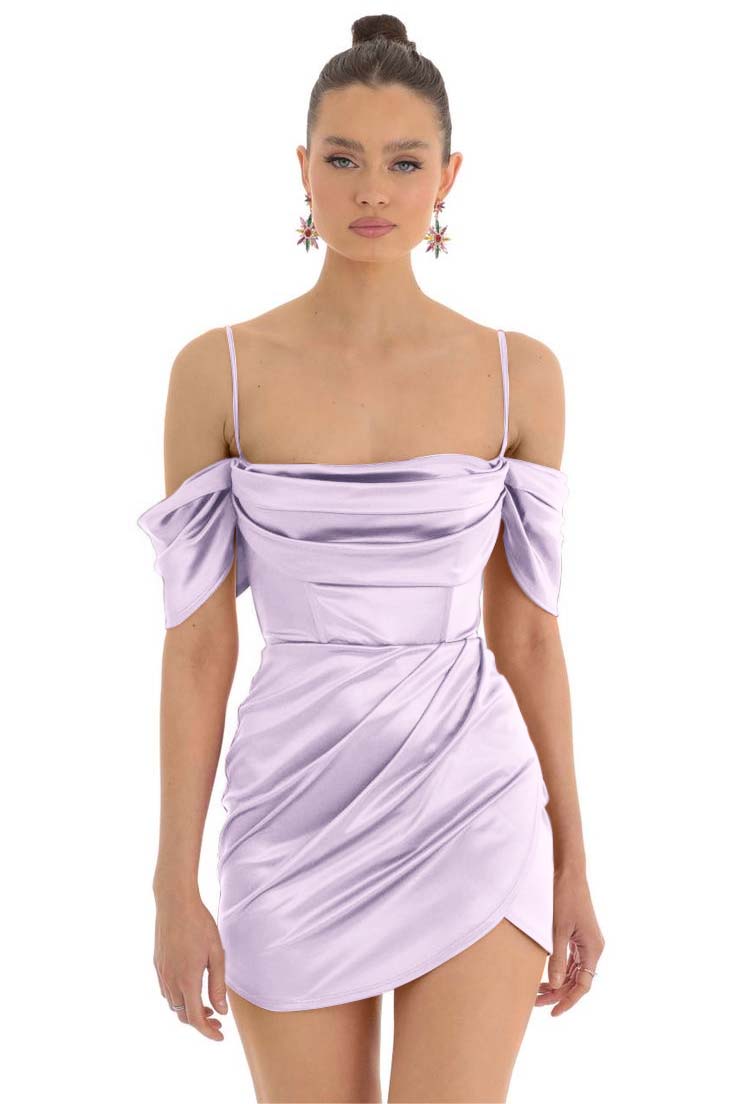 Pretty Fuchsia Spaghetti-Straps Pleats Off-The-Shoulder Short Mini Homecoming Dress