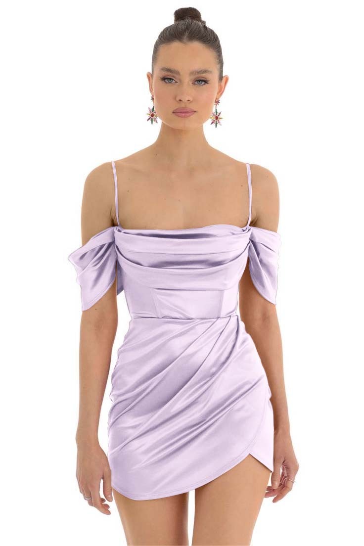 Pretty Fuchsia Spaghetti-Straps Pleats Off-The-Shoulder Short Mini Homecoming Dress