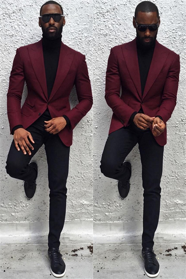 Gentle Classic Fashion Burgundy Party Prom Suit for Guys with Peaked Lapel
