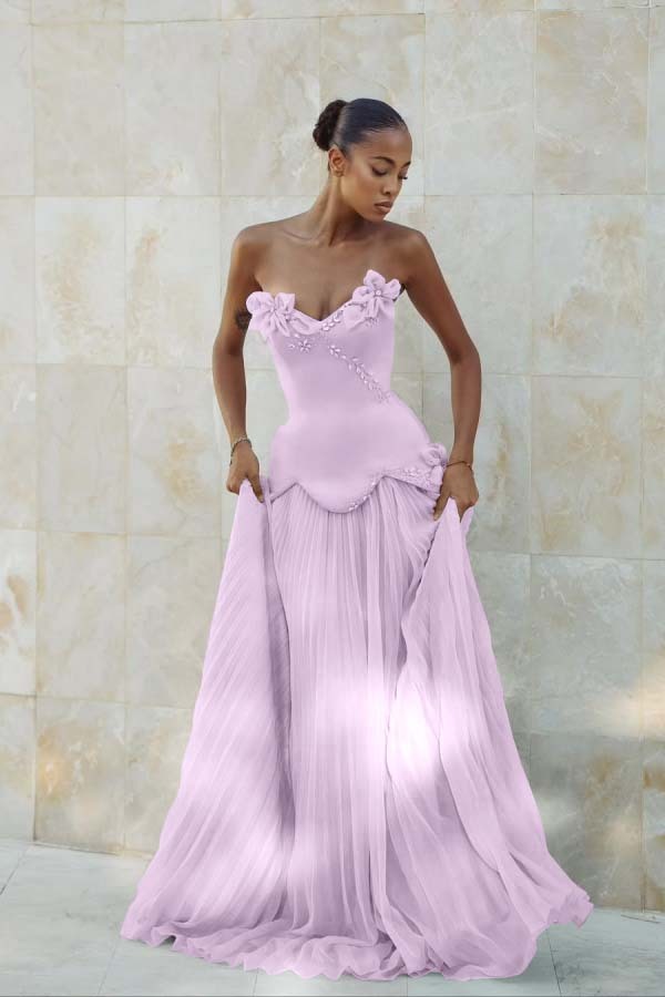 Stunning Strapless Sleeveless Long Formal Dress With Pleated Beading
