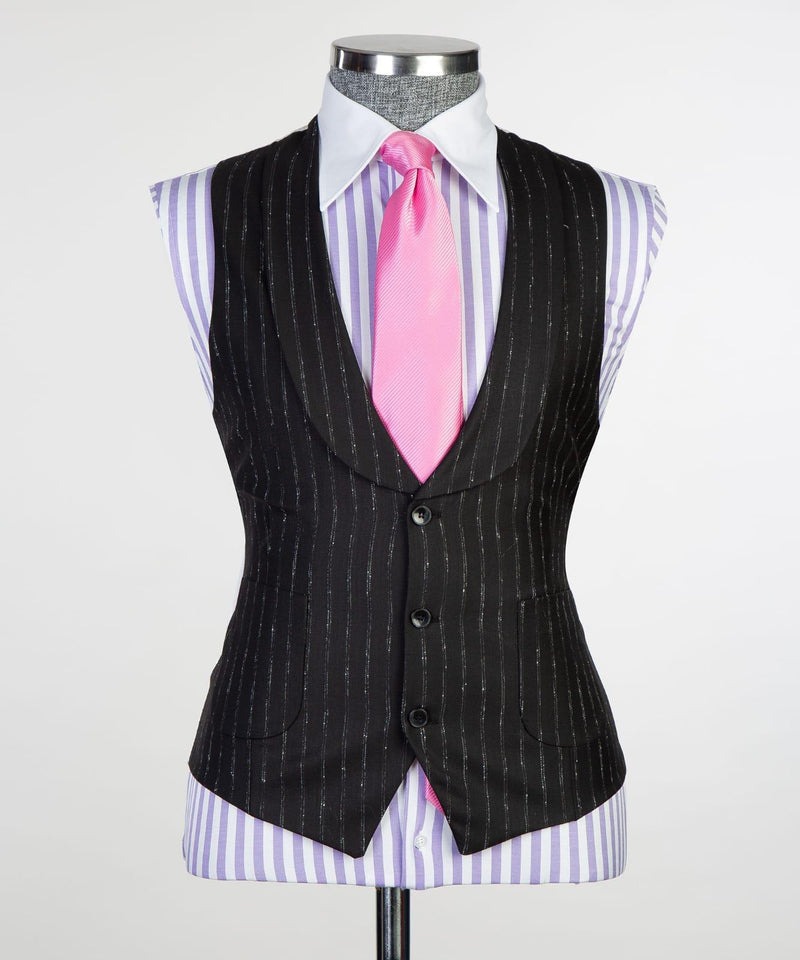 Modern Slim Fit Black Stripe Peaked Lapel Three-Piece Men's Suits