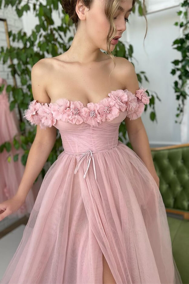 Dusty Pink A-Line Slit Strapless Off-The-Shoulder Evening Dress With Tulle Appliques