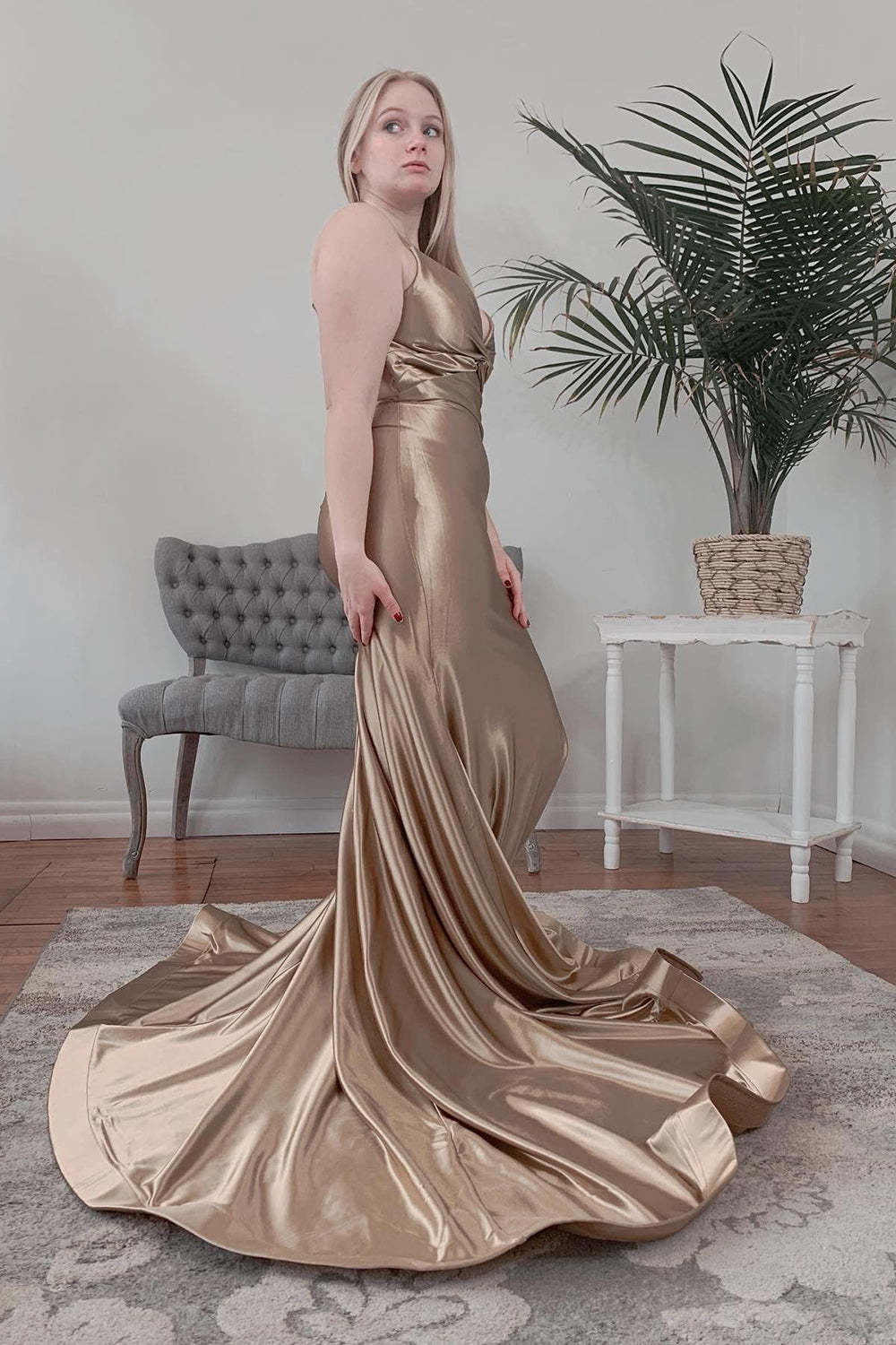 Backless Mermaid Prom Dress with Halter in Champagne