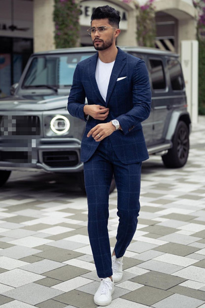 Fashion Dark Navy Plaid David Prince Suit for Groom with Notched Lapel