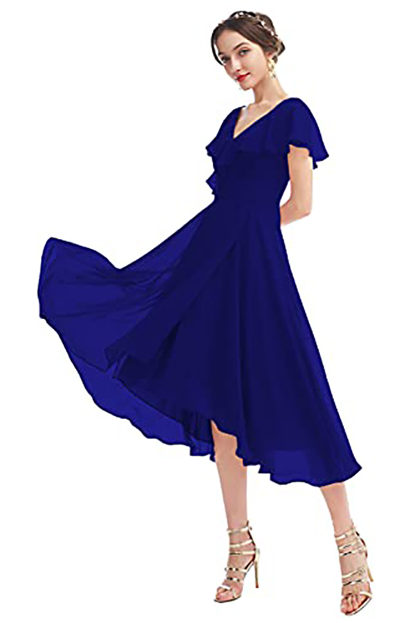 V-Neck Short Sleeve Ruffles Bridesmaid Dress