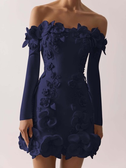 Off the Shoulder Long Sleeves Short Formal Dress With Appliques