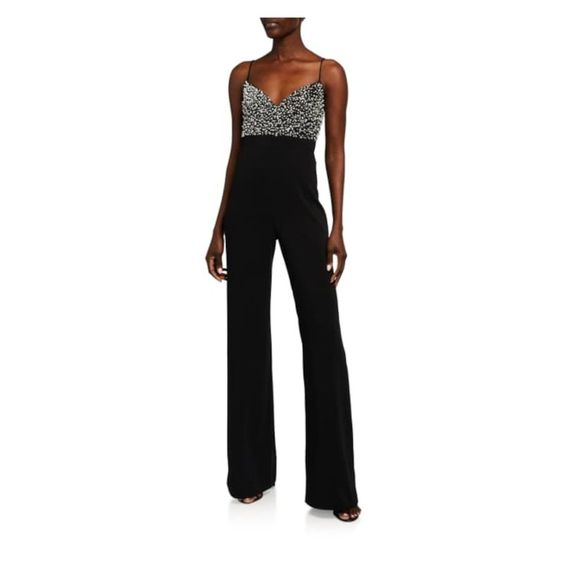 Black Spaghetti-Straps Beaded Long Women's Party Jump Suit