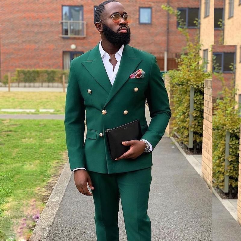 Fashion Dark Green Double-Breasted Best Prom Suits with Peaked Lapel