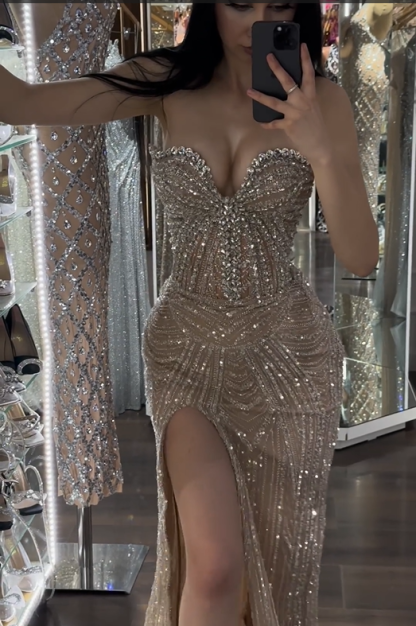 Sleeveless Strapless Beading Mermaid Long Formal Dress With High Split