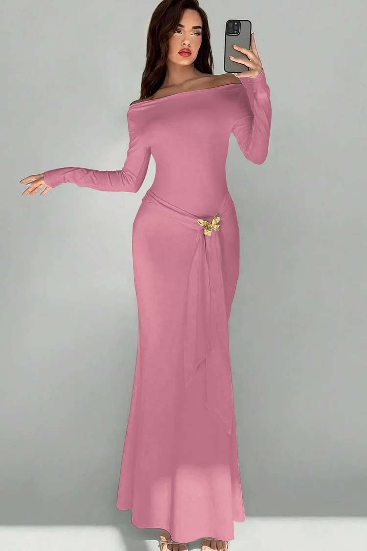 Off the Shoulder Long Sleeves Long Mermaid Formal Dress With Appliques