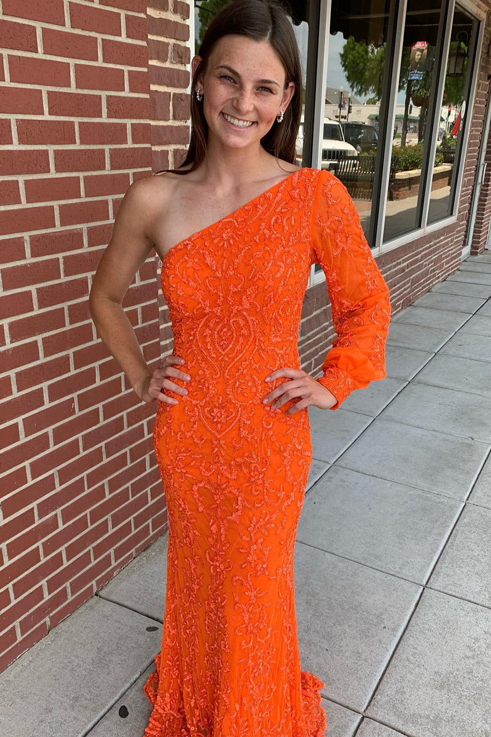 Orange Sequined Long-Sleeve Prom Dress with Mermaid One-Shoulder Design