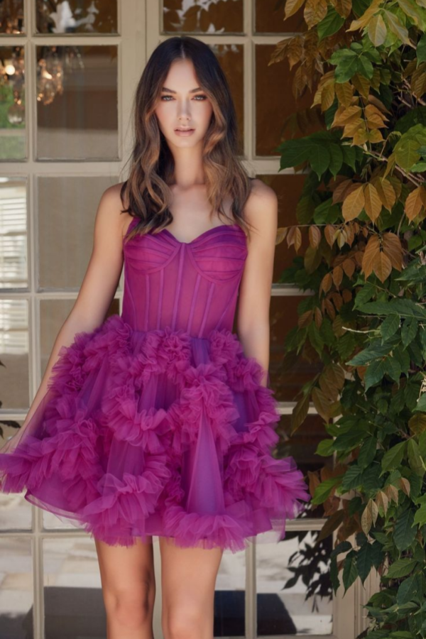 Orchid Strapless Sweetheart Tulle Ruffles Short Mini cocktail Dress