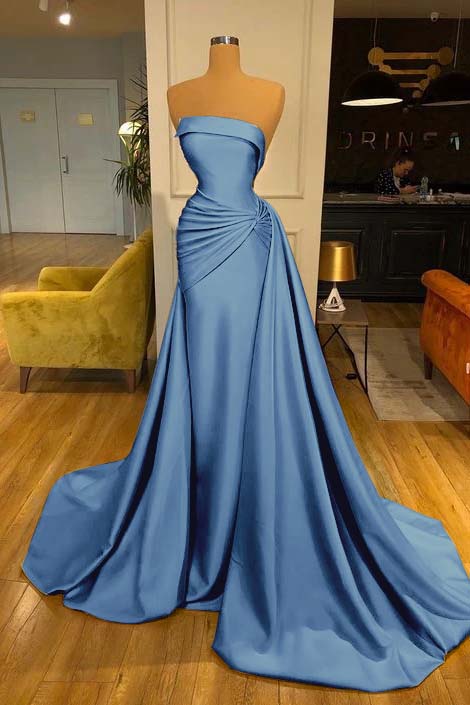 Strapless Elegant Baby Blue Mermaid Evening Dress Long With Ruffle
