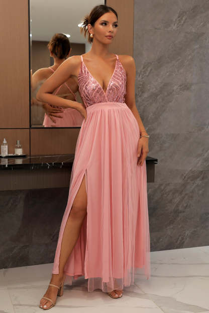 Sequin Party Dress with Green V-neck