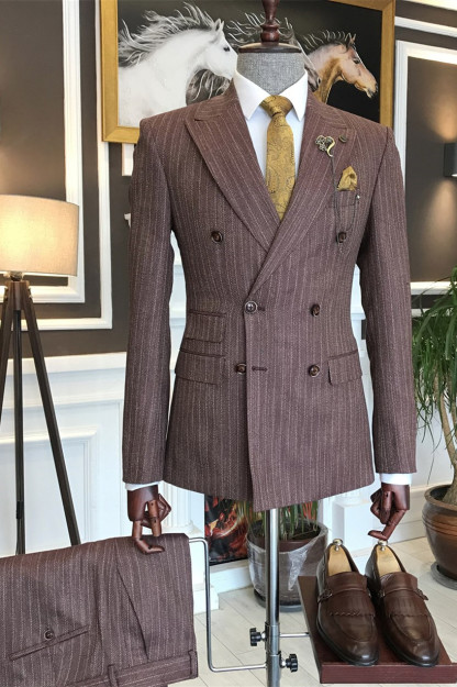 Carl Fashion Striped Double-Breasted Peaked Lapel Business Men's Suits