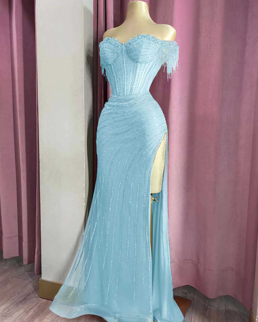 Off the Shoulder Sleeveless Long Split Formal Dress With Beading