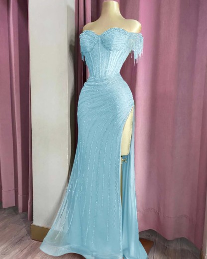Off the Shoulder Sleeveless Long Split Formal Dress With Beading