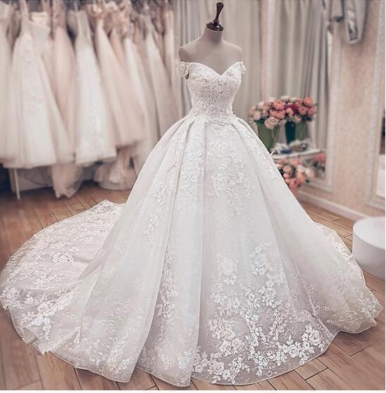 Unique Lace Off-Shoulder Wedding Dresses with A-Line