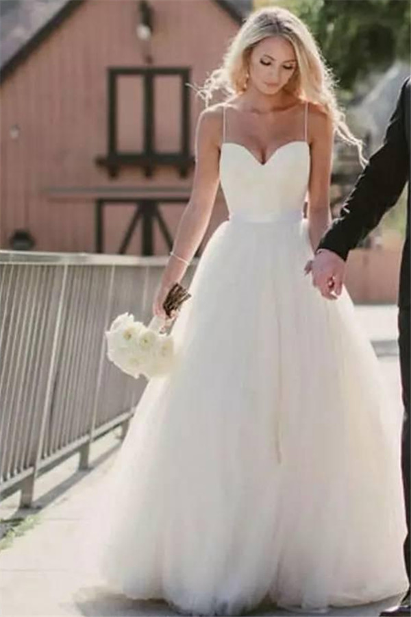 Long Tulle Spaghetti-Straps Wedding Dress
