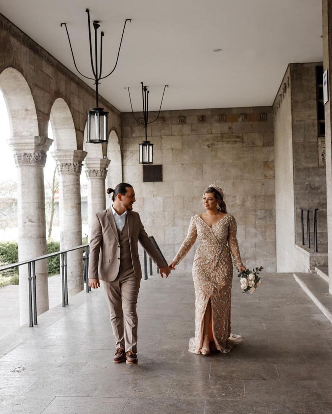 Romantic Mermaid Long Sleeves V-Neck Wedding Dress with Slit