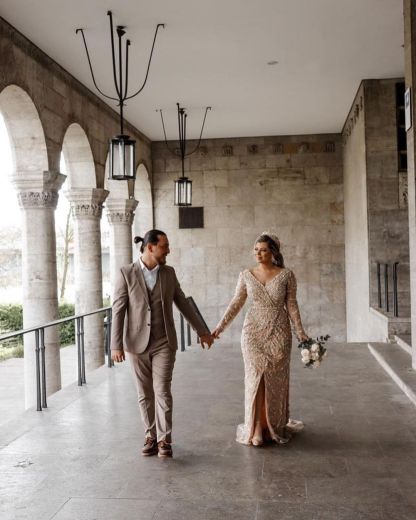 Romantic Mermaid Long Sleeves V-Neck Wedding Dress with Slit