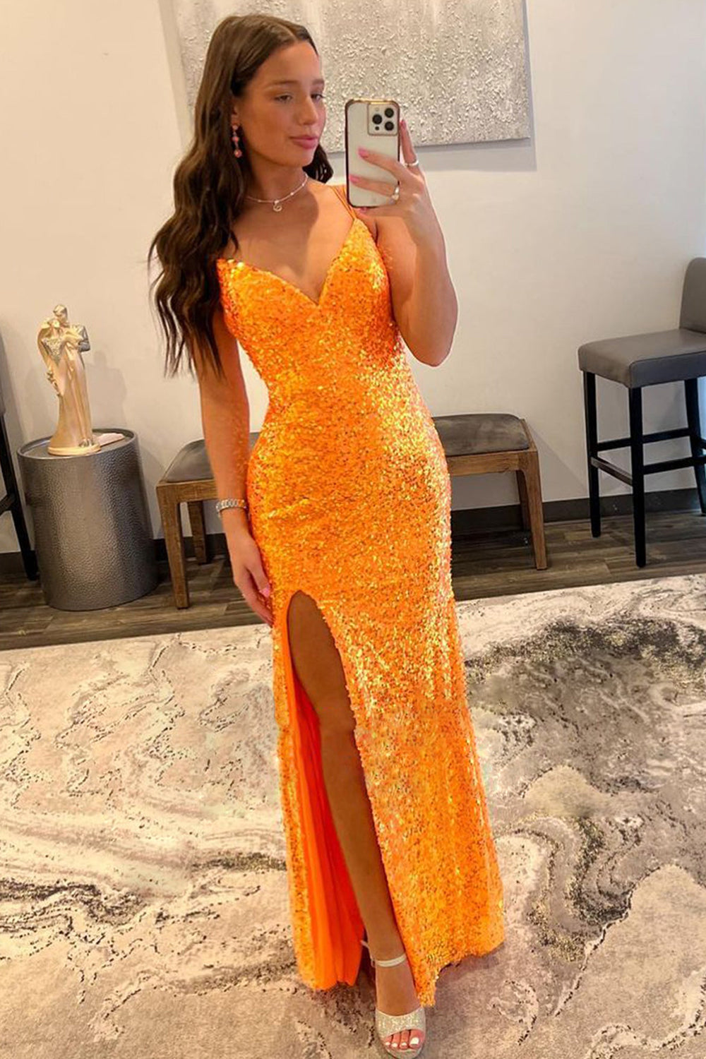 Long Orange Sequins Prom Dress with Spaghetti Straps and Front Split Sheath