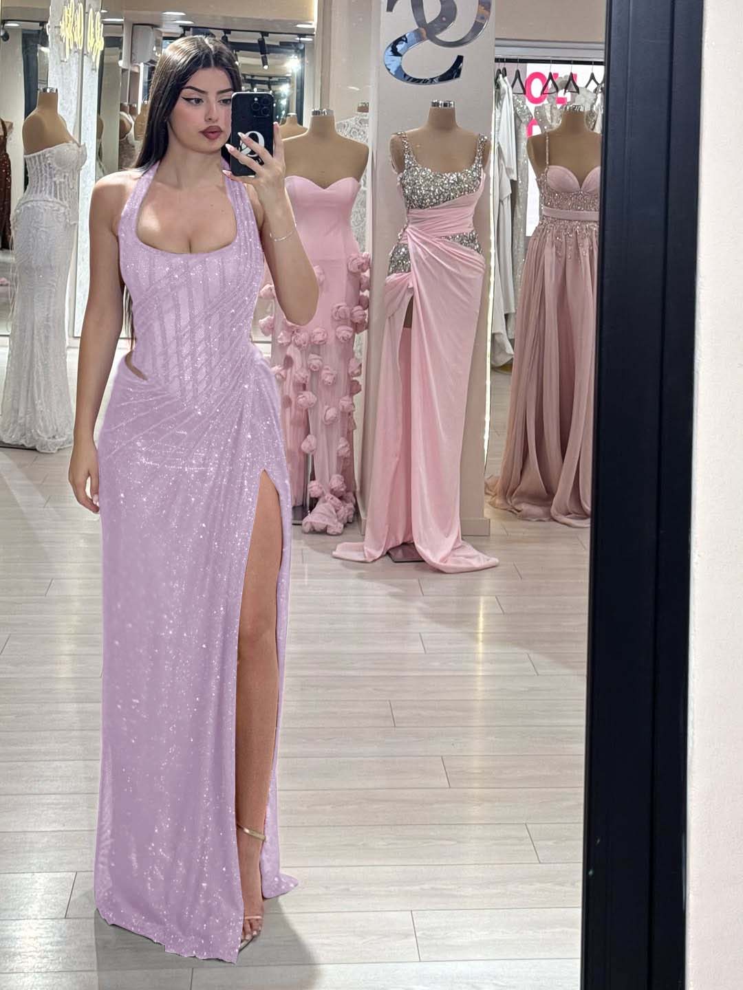 Sequins Halter Sleeveless Long Mermaid Formal Dress With Split