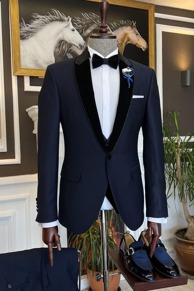 Clement Newest Dark Blue Three-Piece Splicing Shawl Lapel Men's Suits
