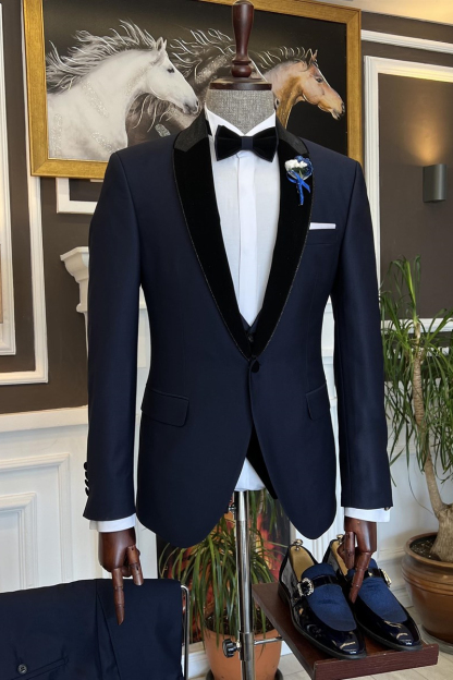 Clement Newest Dark Blue Three-Piece Splicing Shawl Lapel Men's Suits