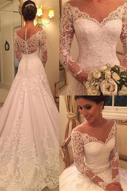 Glamorous Princess Long Sleeves Wedding Dress Lace Appliques with Pearls