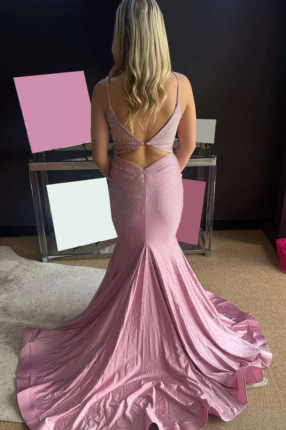 Long Prom Dress with Light Pink Spaghetti Straps and Keyhole Beading