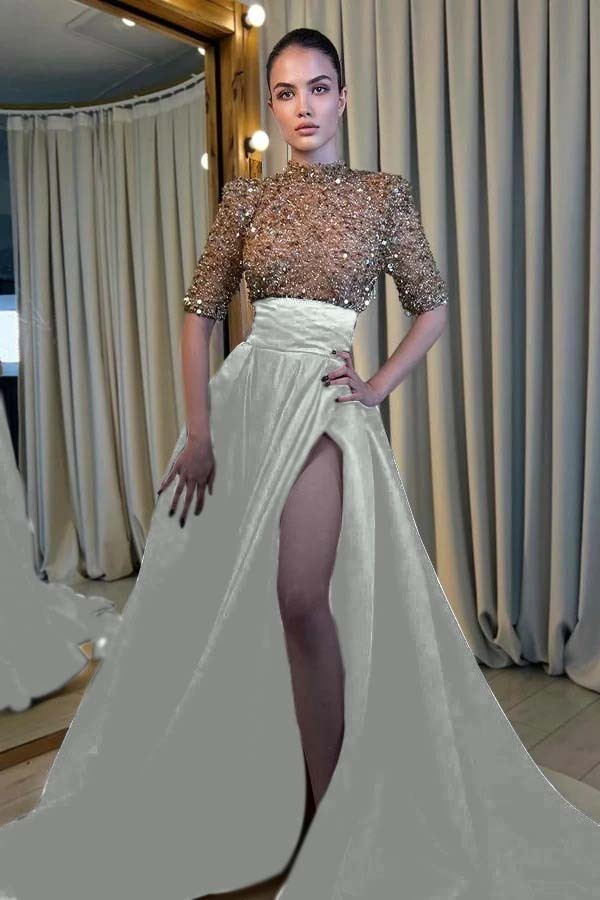 Black And Champagne Long Formal Dress Half Sleeves With High Slit