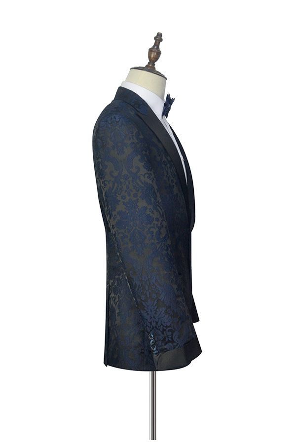 Black Silk Peak Lapel Men's Suits Dark Navy Jacquard Prom Suits for Weddings