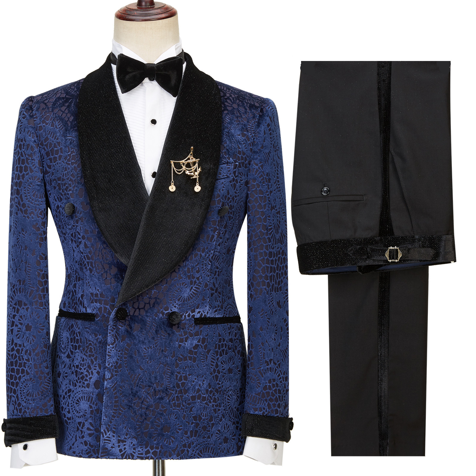 Jane Dark Navy Jacquard Shawl Lapel Sparkle Double-Breasted Men's Suits for Wedding