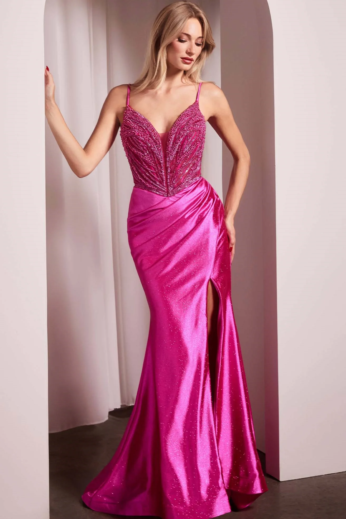 Spaghetti Strap Long Mermaid Formal Dress With Split Beading Pleated