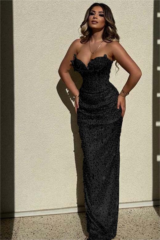 Chic Sequins Strapless Sleeveless High Waist Long Formal Dress With Beadings
