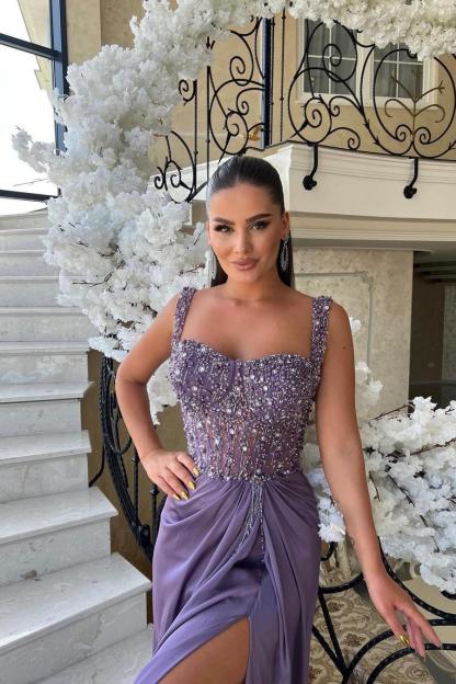 Spaghetti Strap Sleeveless Long Split Formal Dress With Beading