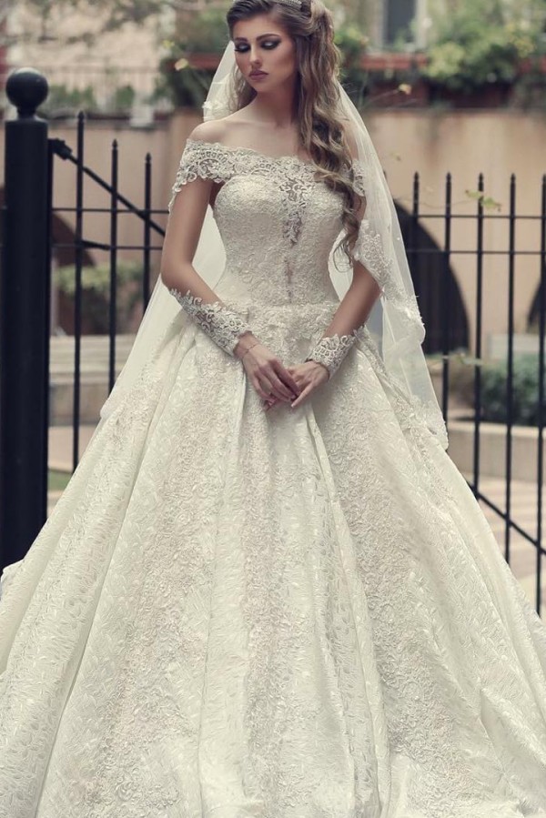 Glamorous Long Sleeves A-Line Off-the-Shoulder Wedding Dress Lace Backless Floor-Length with Appliques