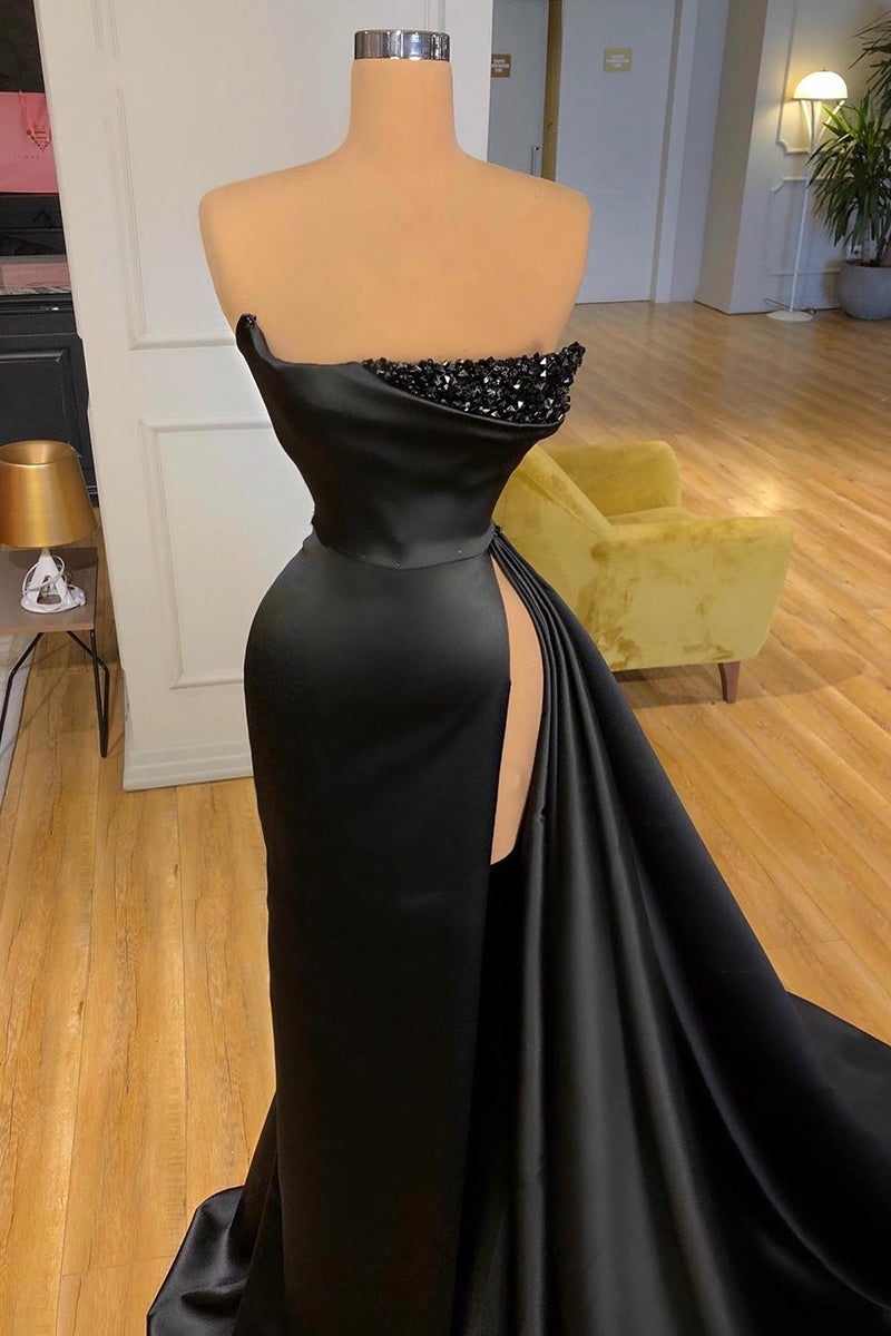 Gentle New Arrival Black Strapless Split Sequins Prom Dress With Ruffle