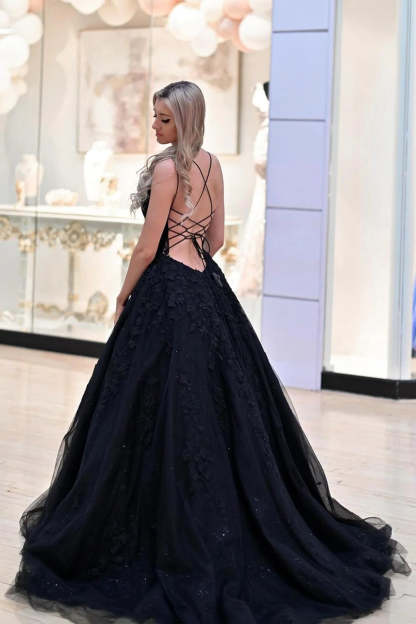 Black Long Prom Dress with Spaghetti Straps and Criss Cross Back in A-Line Silhouette