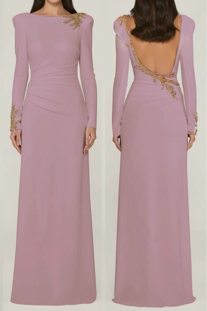 Long Sleeves Long Backless Formal Dress With Appliques Pleated