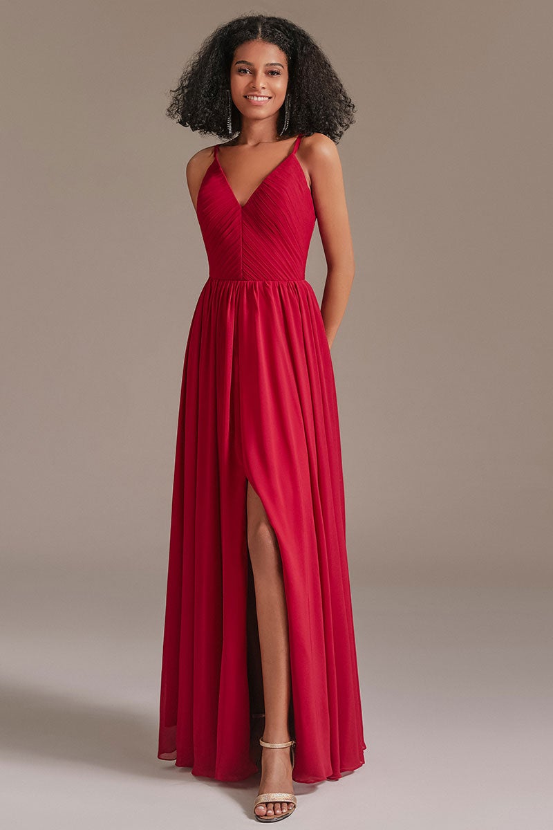V-Neck Red Bridesmaid Dress with Split
