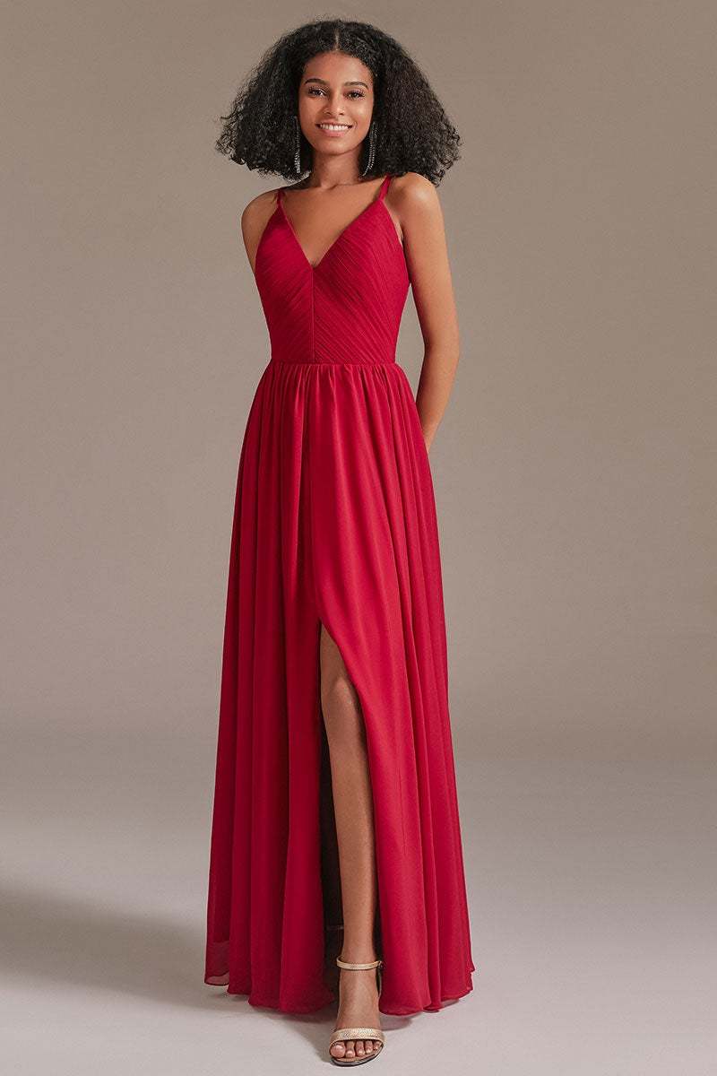 V-Neck Red Bridesmaid Dress with Split