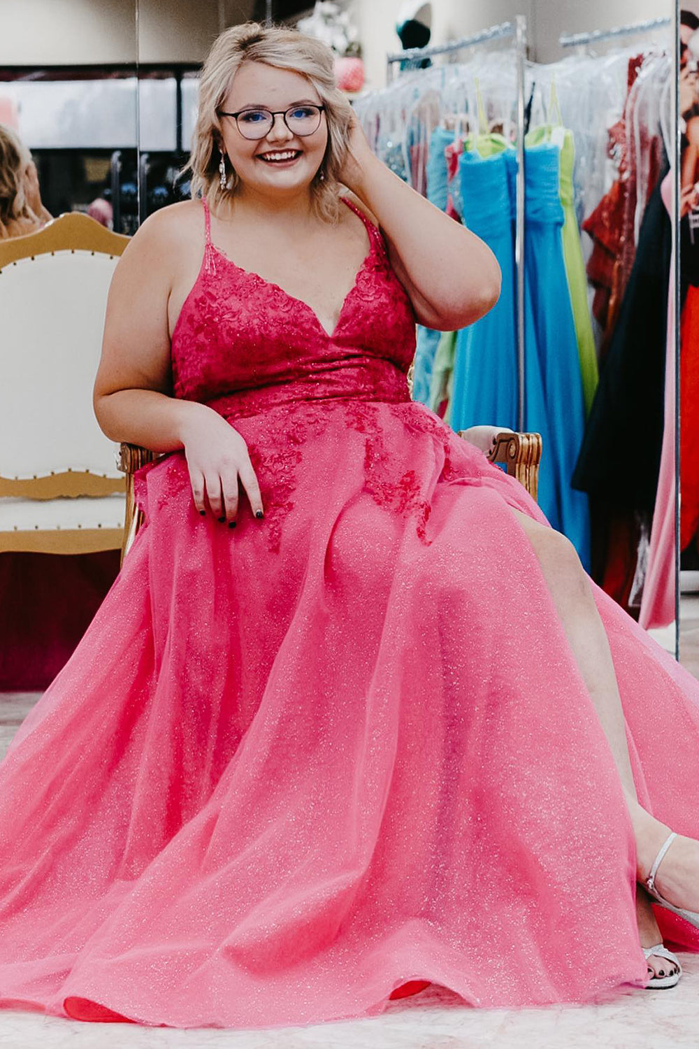 Royal Blue Plus Size Prom Dress with Appliques and Spaghetti Straps