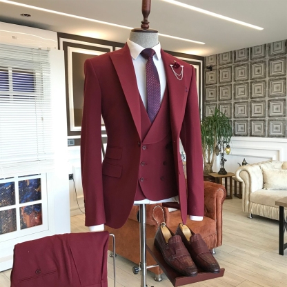 Stylish Dark Red Peaked Lapel Three-Piece Groom and Groomsmen Suit