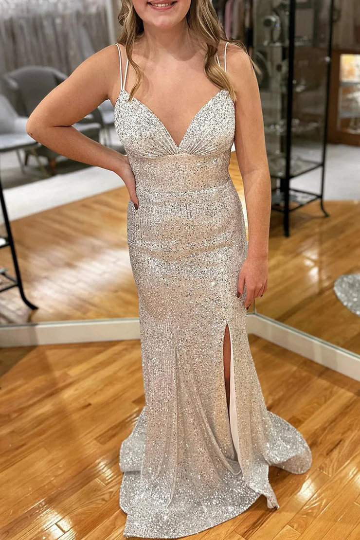 Orange Sequins Long Prom Dress with Mermaid Spaghetti Straps and Split Front