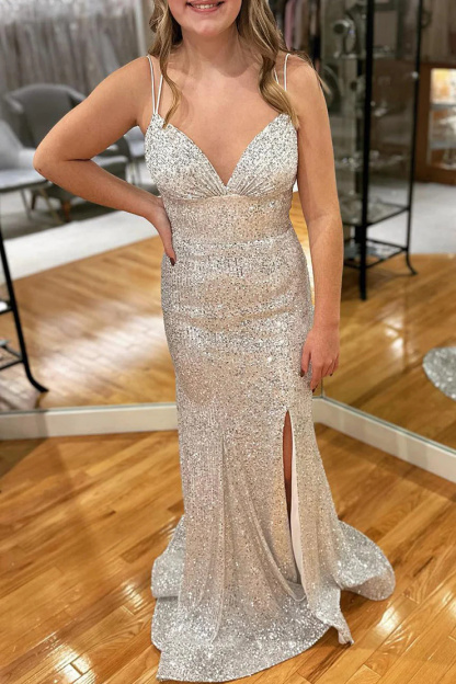 Orange Sequins Long Prom Dress with Mermaid Spaghetti Straps and Split Front