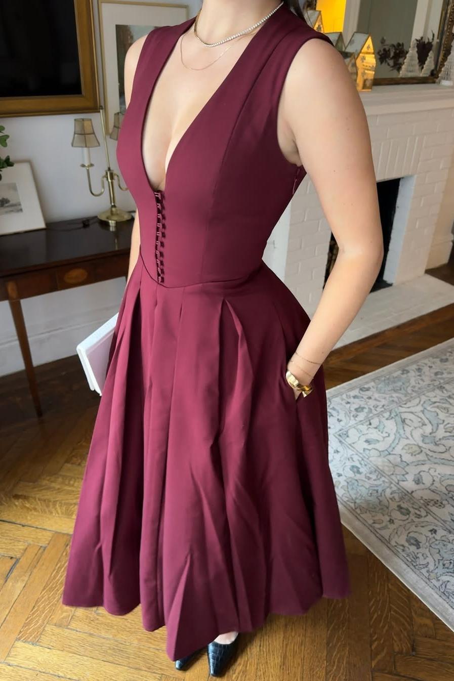 Straps V Neck Sleeveless Tea Length A Line Formal Dress With Pockets