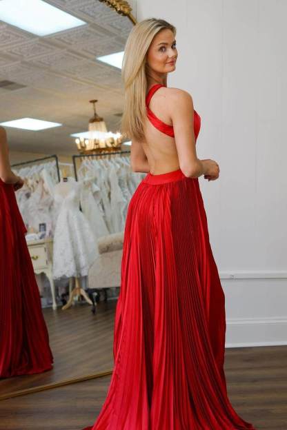 Halter Backless Long A Line Split Formal Dress With Ruffles Pleated